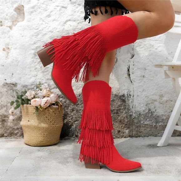 Women Retro Pointed Faux Suede Red Fringe Country Knee High Western Cowgirl Boot - Picture 4 of 8